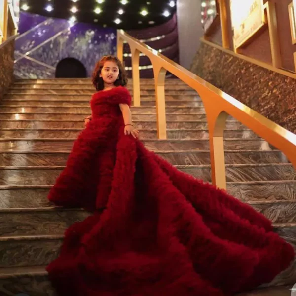 Bloon | Luxury Stitched Long Tail Kids Dress | Red Carpet Long Tail Kids Frock | Mayaar